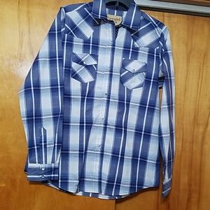 Cowgirl Legend Blue Plaud Snap Button Up Sz L